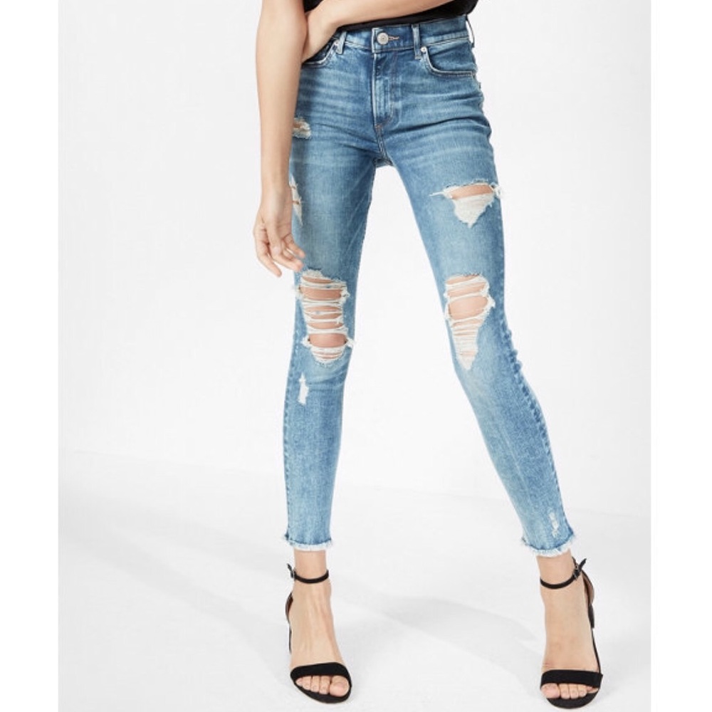 EXPRESS High Waisted Destroyed Stretch Ankle Jeans